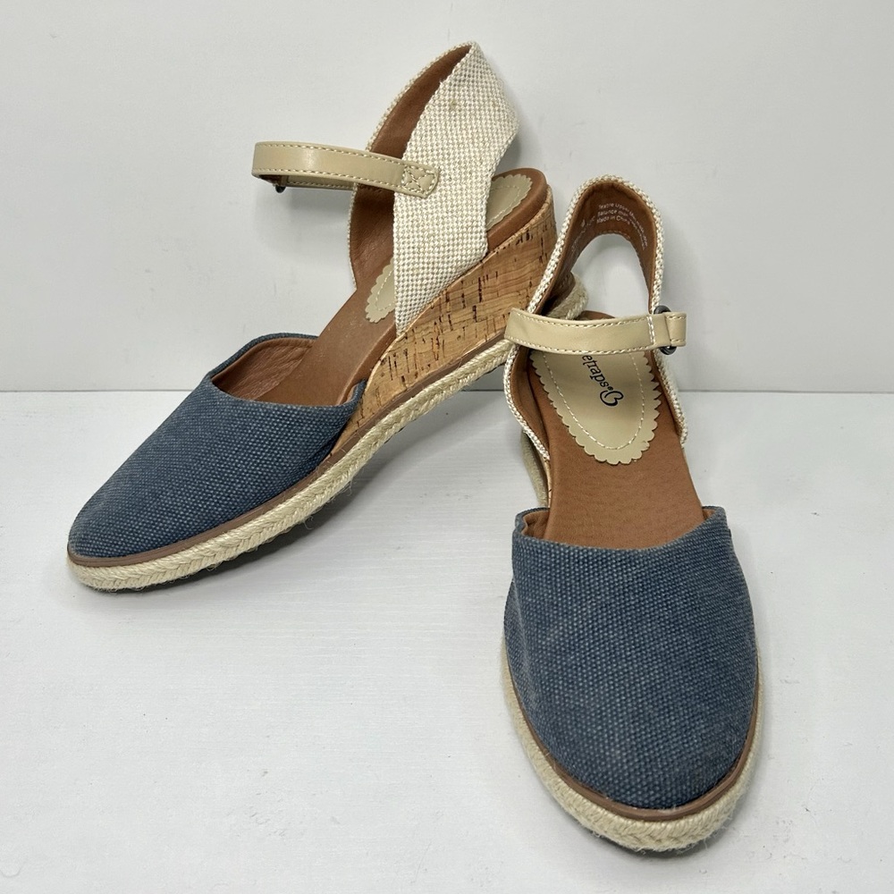BareTraps Ocean Blue & Tan Espadrille Wedge Easy Sandals Size 7